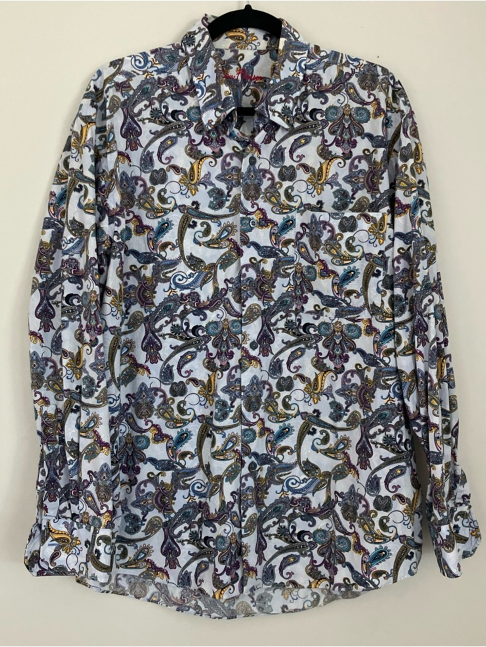 Alan Flusser Paisley LS Shirt Hidden Button Down Pale Blue Purple Teal Mens L
